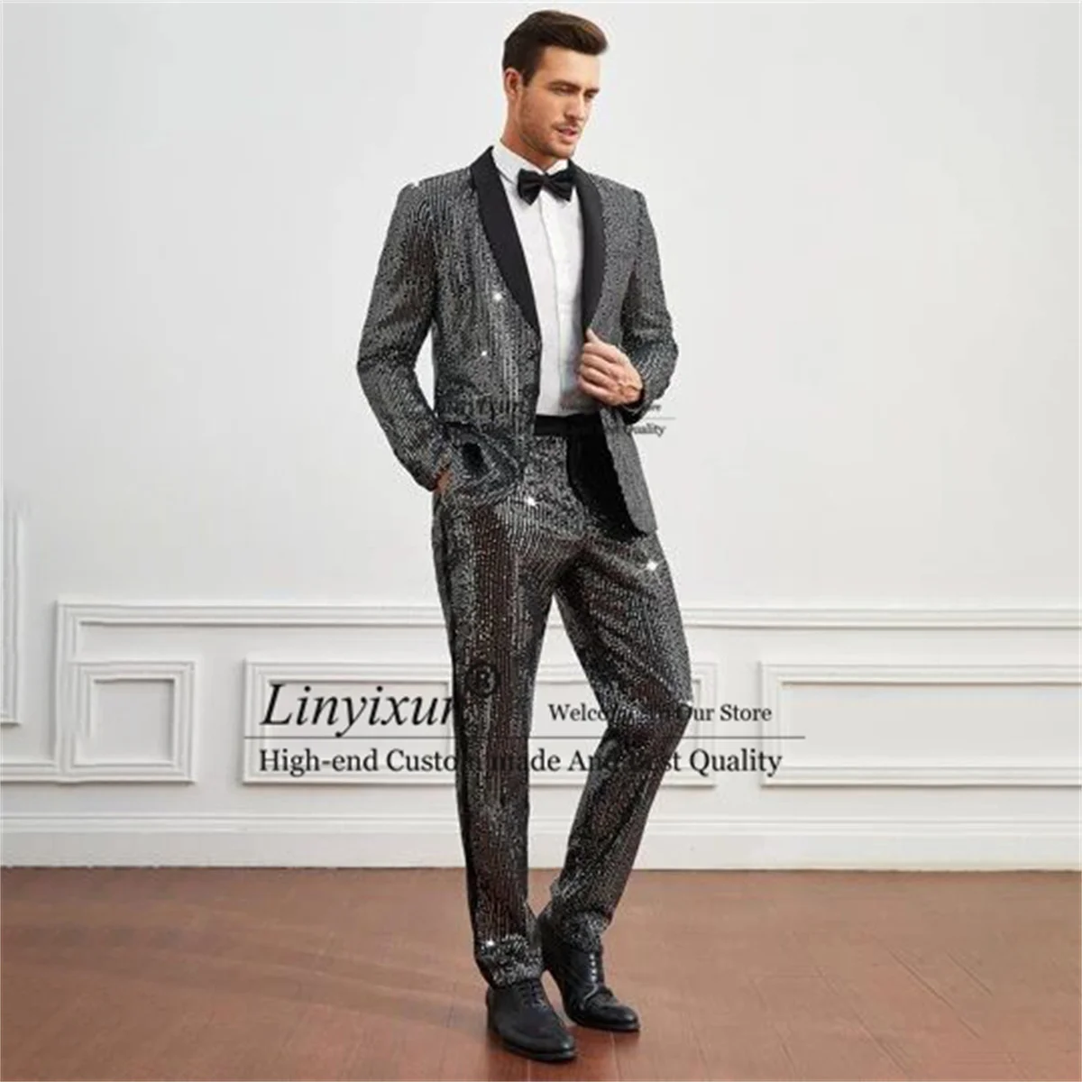 

Glitter Sequisn Men Suits Peaked Lapel Groom Wedding Tuxedos Slim Fit Male Prom Blazers Pants Outfit 2 Pieces Sets Costume Homme