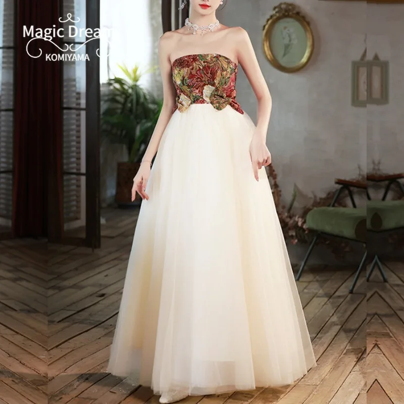 

Strapless Elegant Patchwork Wedding Party Vestidos Slim Waist Evening Dress Mesh Design Tiered Brides Robe Fashion Prom Dresses