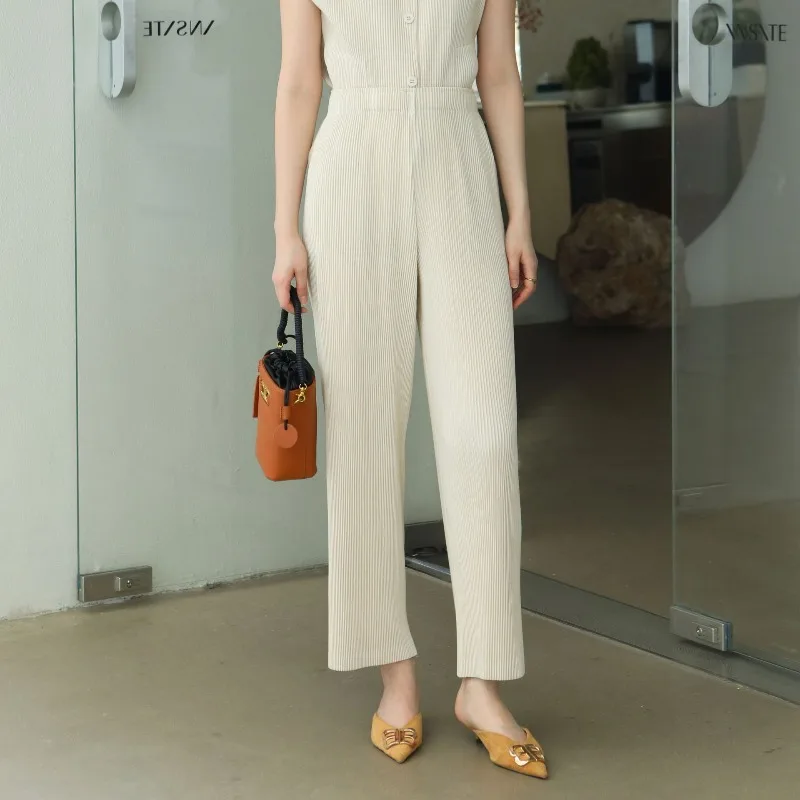 2026 Lente Miyake Geplooide Honderd Elastische Taille Rechte Broek Damesmode Commuter Eenvoudige Sport Casual Broek Rimpelvrij