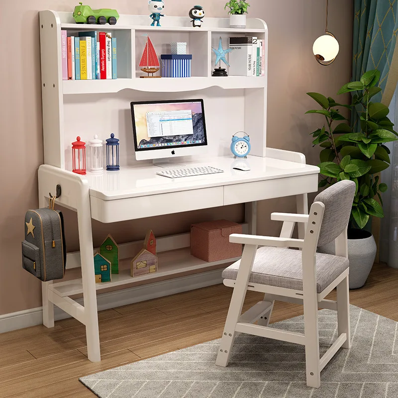 

White desk bedroom office desktop computer desk solid wood desk middle school student with bookshelf study table integrated comb