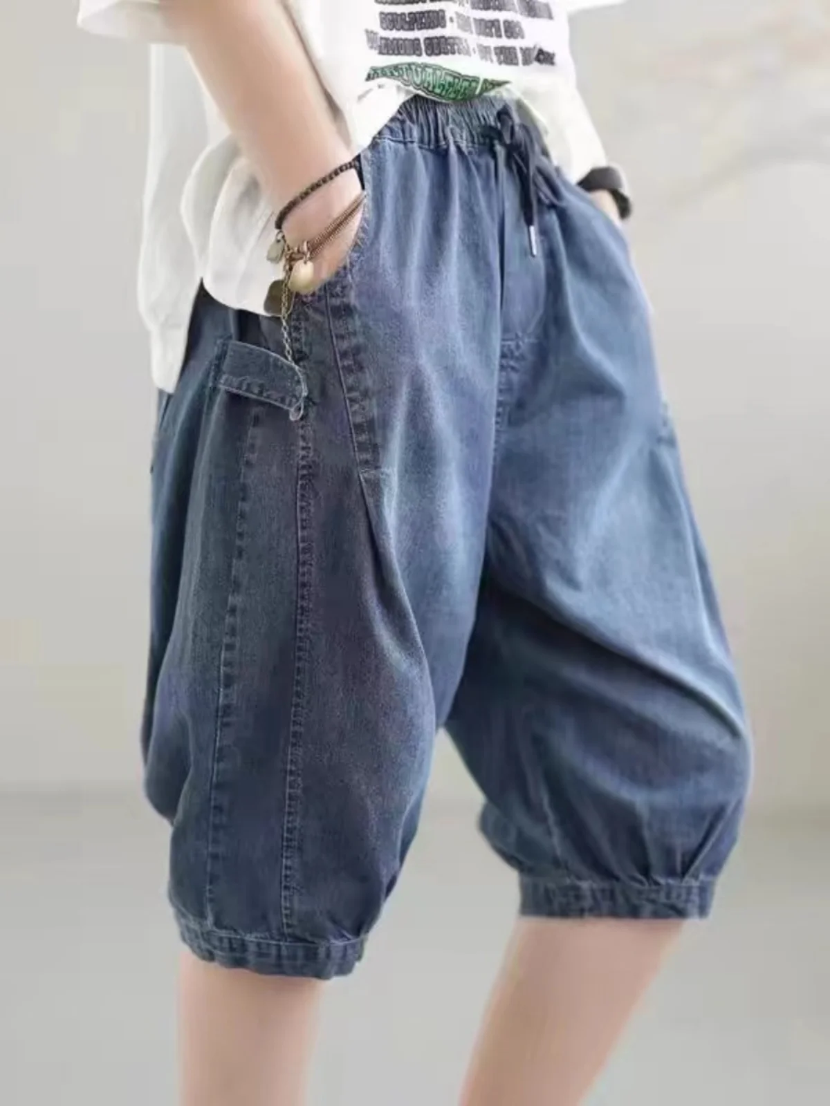 

Свободные женские джинсы-шаровары, летние брюки большого размера с прямыми штанинами и высокой талией, тонкие повседневные брюки длиной пять четвертей