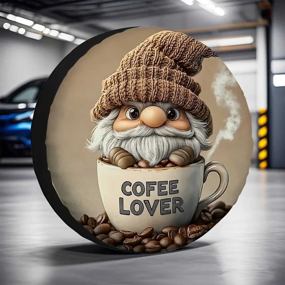 1pc, Tire Protection Covers Featuring A Coffee Gnome, Made From Versatile 100% Polyester, Suitable For Christmas Gifts, Designed
