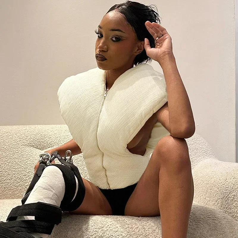 Frauen breite Schulter Daunen Mäntel ärmellose Puffer Jacke Weste niedlichen rosa Reiß verschluss Blase Mäntel Seite aus geschnitten Parka Daunen jacke Westen