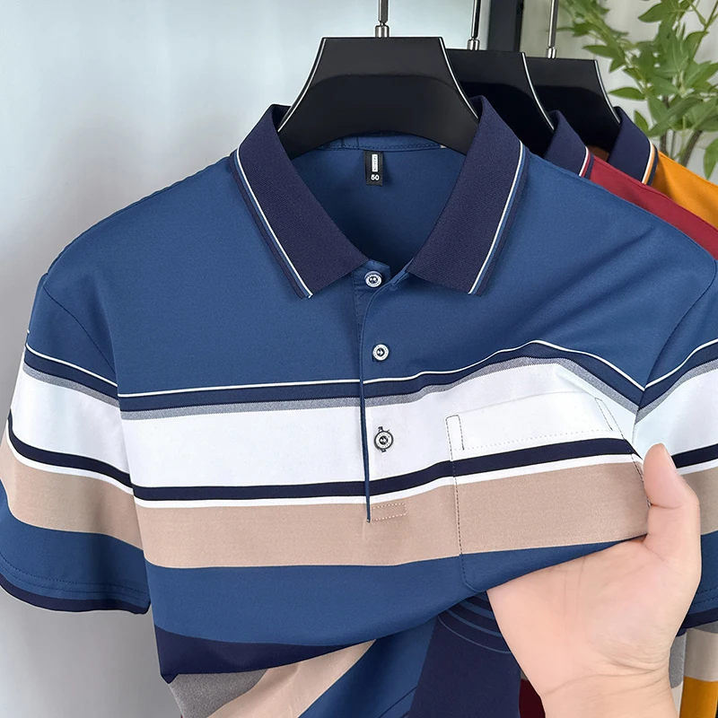 Fashion striped color blocked short sleeve polo shirt skin friendly breathable new high-end men's casual comfort pocket T-shirt