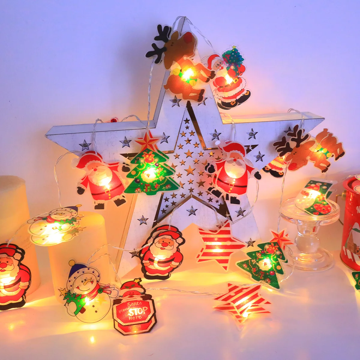 Christmas LED String Lights, Battery Powered(No Battery) 10/20LED, Santa/Snowman/Tree Design, Xmas Party Home Decoration Gift