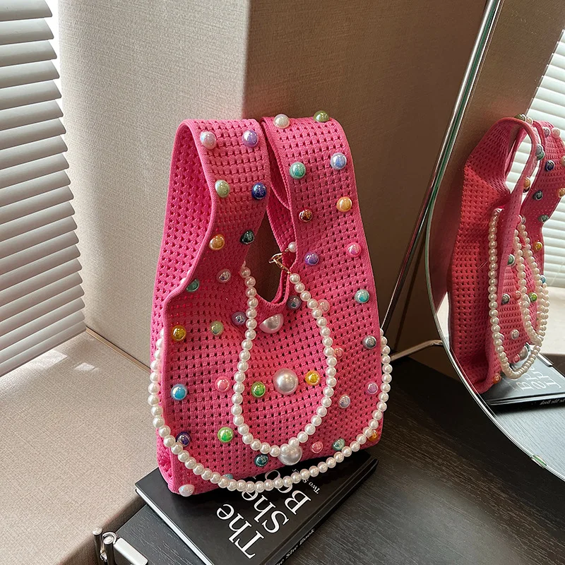 

Уникальная вязаная ажурная сумка-ведро нового стиля с жемчужной цепочкой, милая женская сумка через плечо