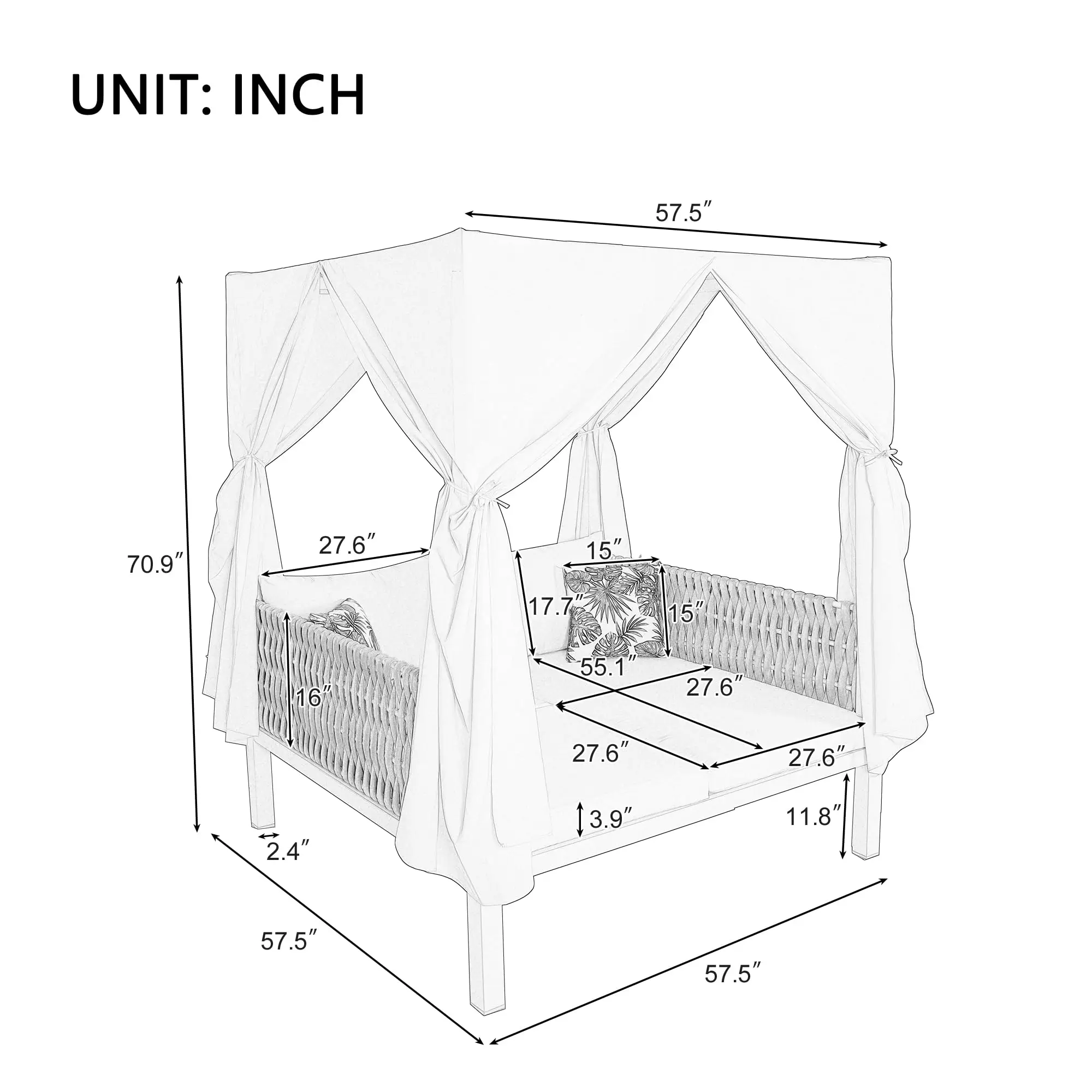 Patio Outdoor Daybed Sunbed, Outdoor Daybed with Canopy & Curtains, Waterproof Cushions for Garden Backyard Porch, Blue