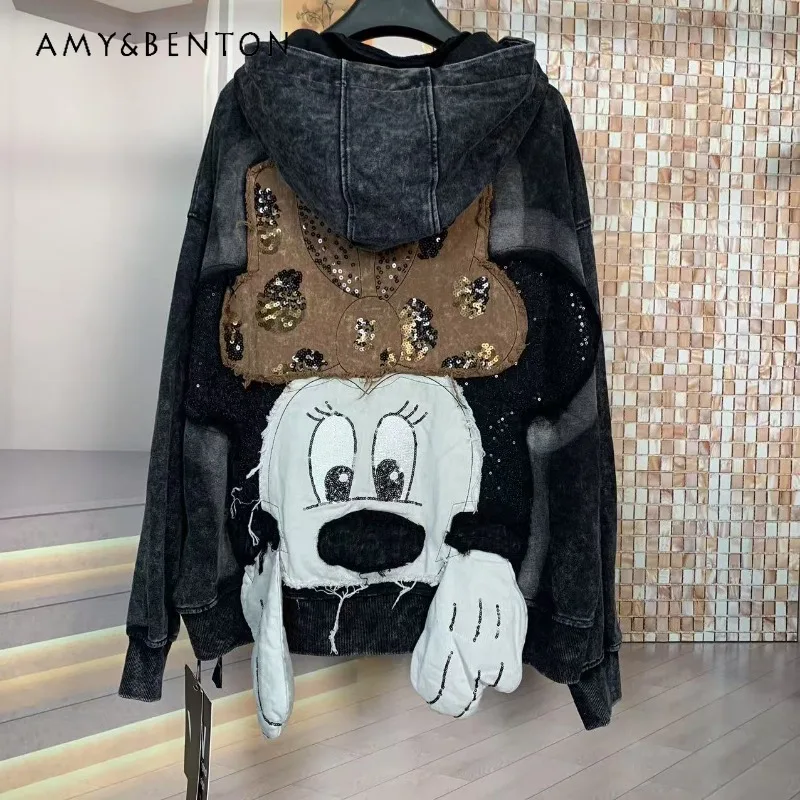 Popular 2025 New Autumn Winter Hooded Sweatshirts Fashion Heavy Industry Embroidery Cartoon Loose Zipper Hoodies Jacket Ladies