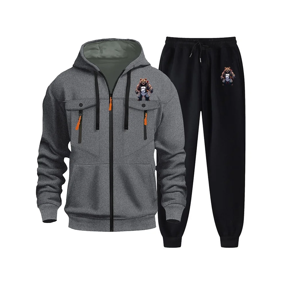 

Men's new autumn and winter multi-pocket zipper set, pocket detail zipper sweatshirt + long pants, casual jogging and outdoor sp