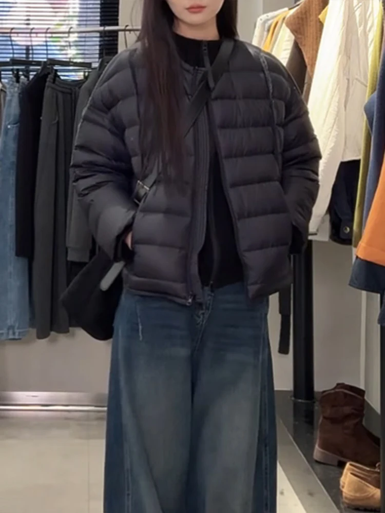 

Women's down Cotton Jaet ort Thi Warm Casual round Ne Winter Outerwear Korean Sle Loose Fit Pure Color