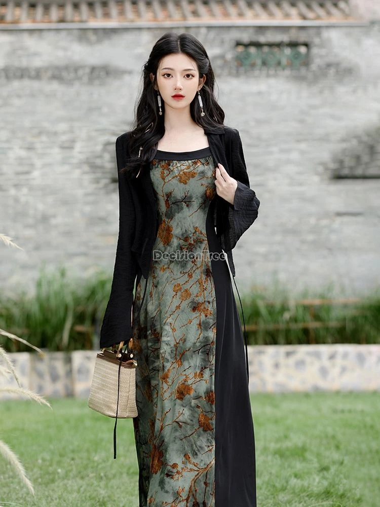 2024 chinese style vintage modern daily hanfu set ink tie-dye slim temperament split suspended dress elegant versatile cardigan