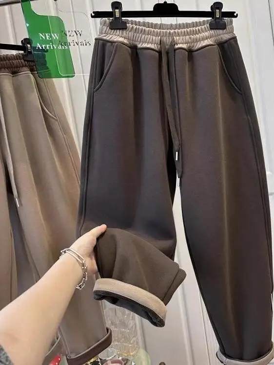 

plus Size Casual Trousers Color Block Fleece Thickened Harlan Pants Women's Autumn Winter High Waist Long Pants Commute Style