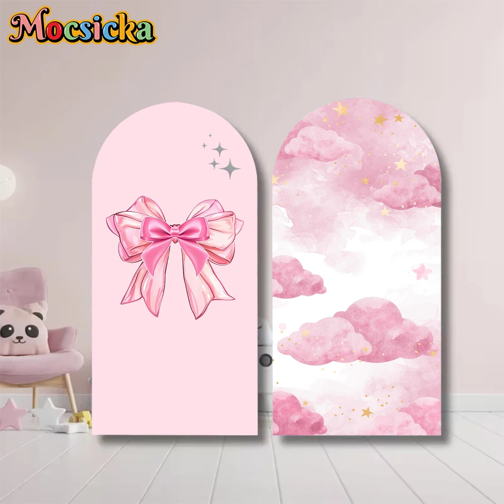 

Mocsicka Arch Backdrop Baby Shower Girl Birthday Adult Wedding Arched Background Cover Pink Bow Tie Cloud Decoration Studio Prop
