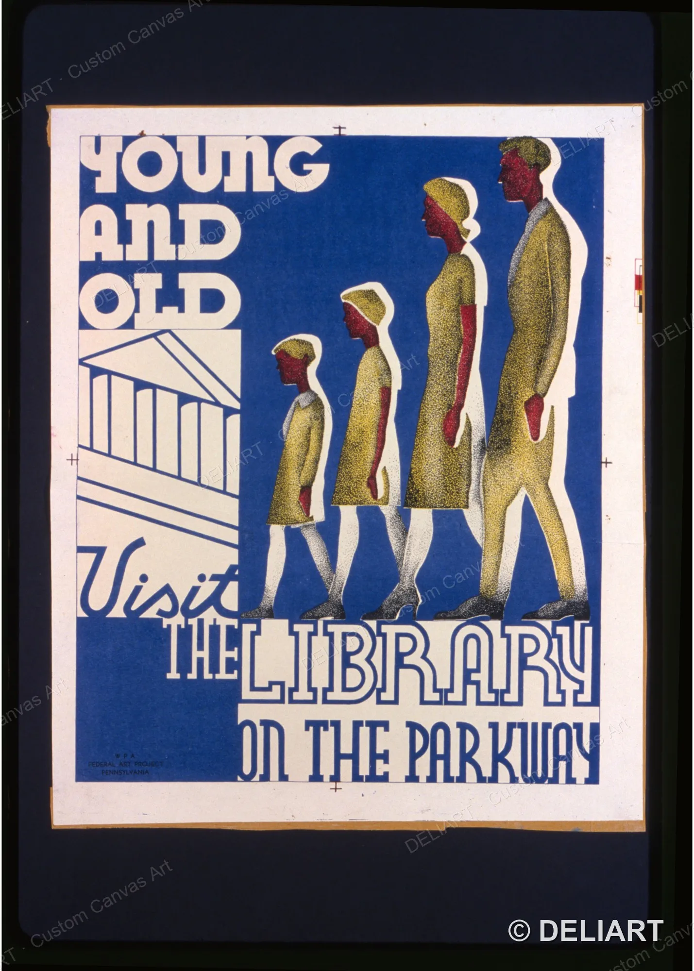 Young and old visit the library on the parkway Vintage Travel Canvas Wall Art Poster Print Retro Home Decor Unframed