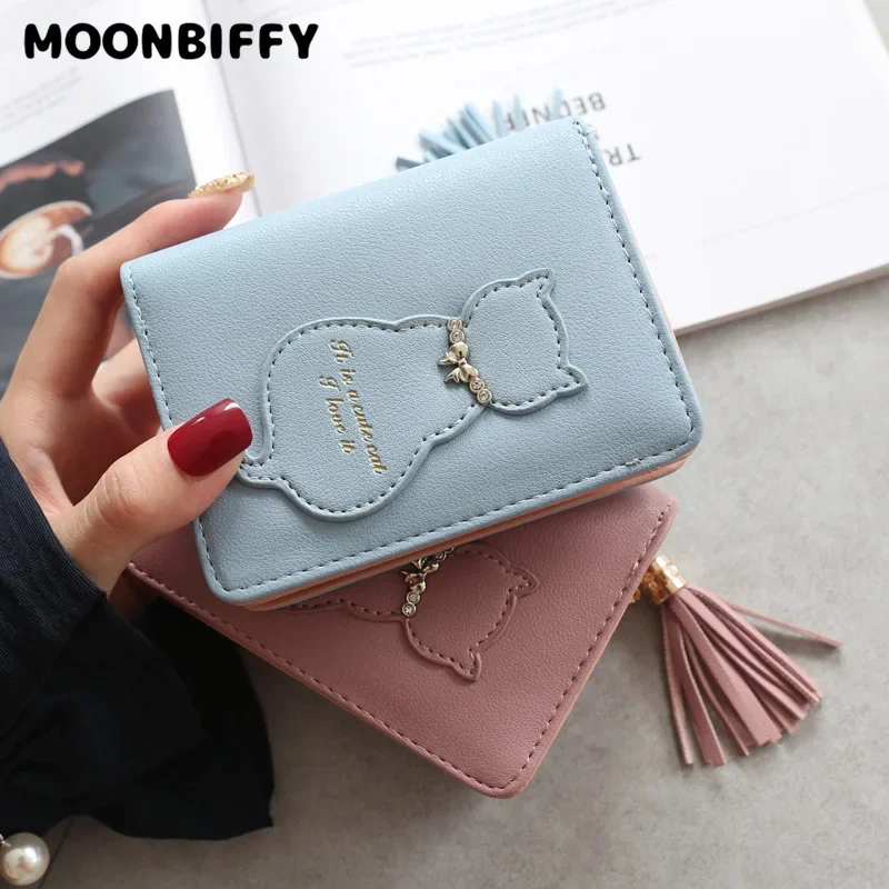 

Women's purse cat decoration tassel short vertical paragraph bifold small money clip buckle coin wallet holder card case handbag