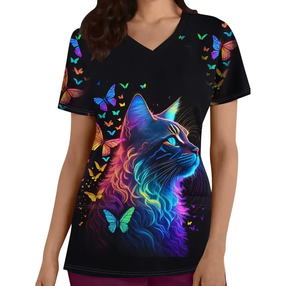 Ladies Vibrant Butterfly and Floral Print V-Neck Silk Top - Soft Breathable Polyester Medical Uniform Surgical Uniforms Woman