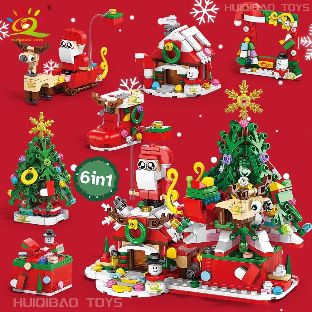 HUIQIBAO 6in1 Christmas Tree Santa Claus Snowhouse Model Building Block DIY Elk Snowman Train Bricks Ornament Toys Adult Gift