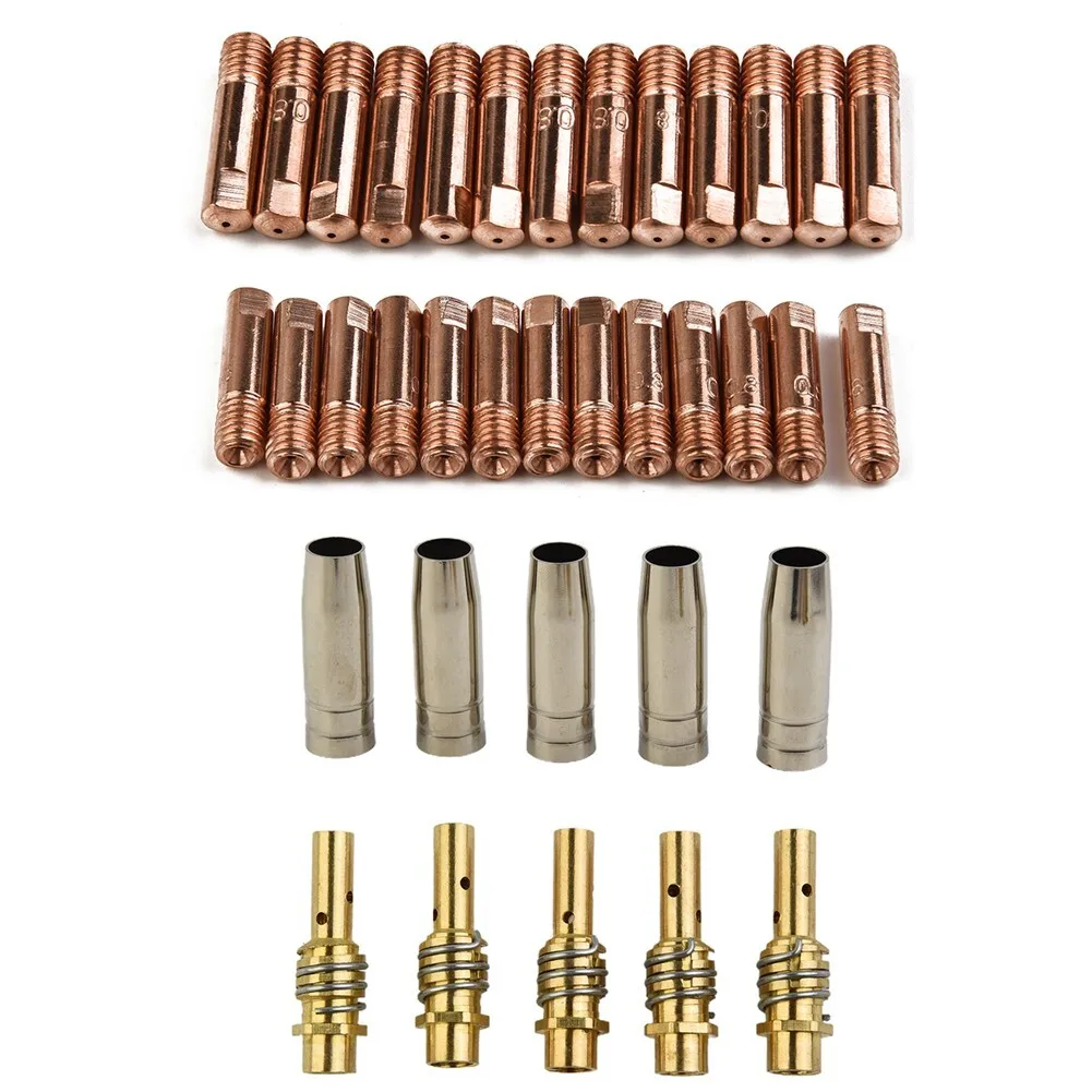 

Комплект из 38 деталей для сварочной горелки MB15 MIG: кронштейн, коническое газовое сопло, контактный наконечник.