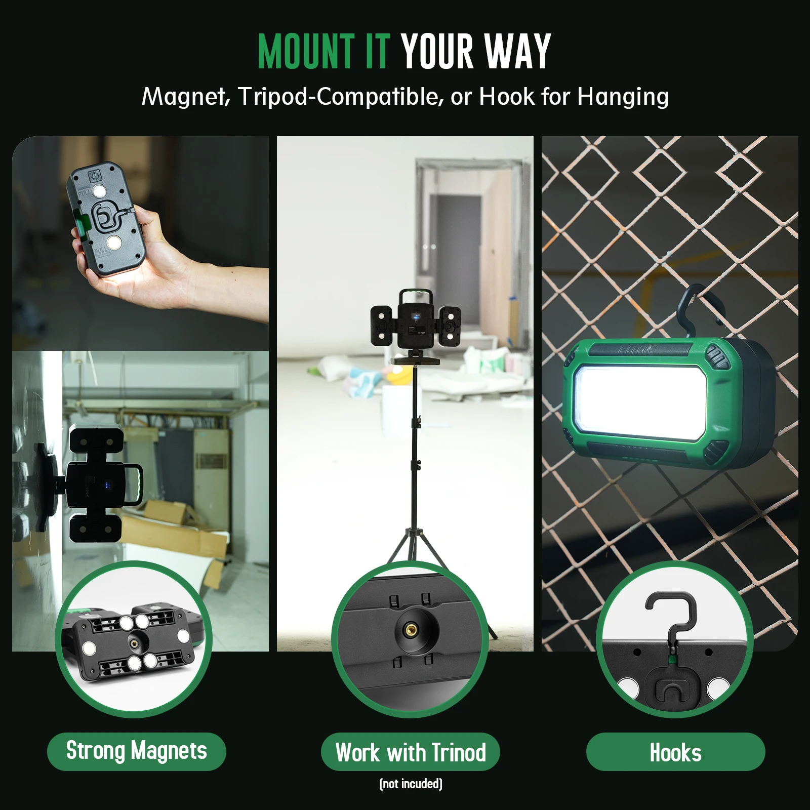 ضوء عمل قابل لإعادة الشحن 50 وات، ضوء عمل مغناطيسي 3 في 1 مع مصباحين كاشفين قابلين للفصل، 9 أوضاع، مصباح عمل LED محمول مع خطافات #6