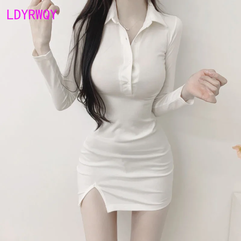 2023 Autumn Fashion New Slim Fit and Slim Style POLO Neck, Waist, Body, Split, Hip Wrap Dress for Women