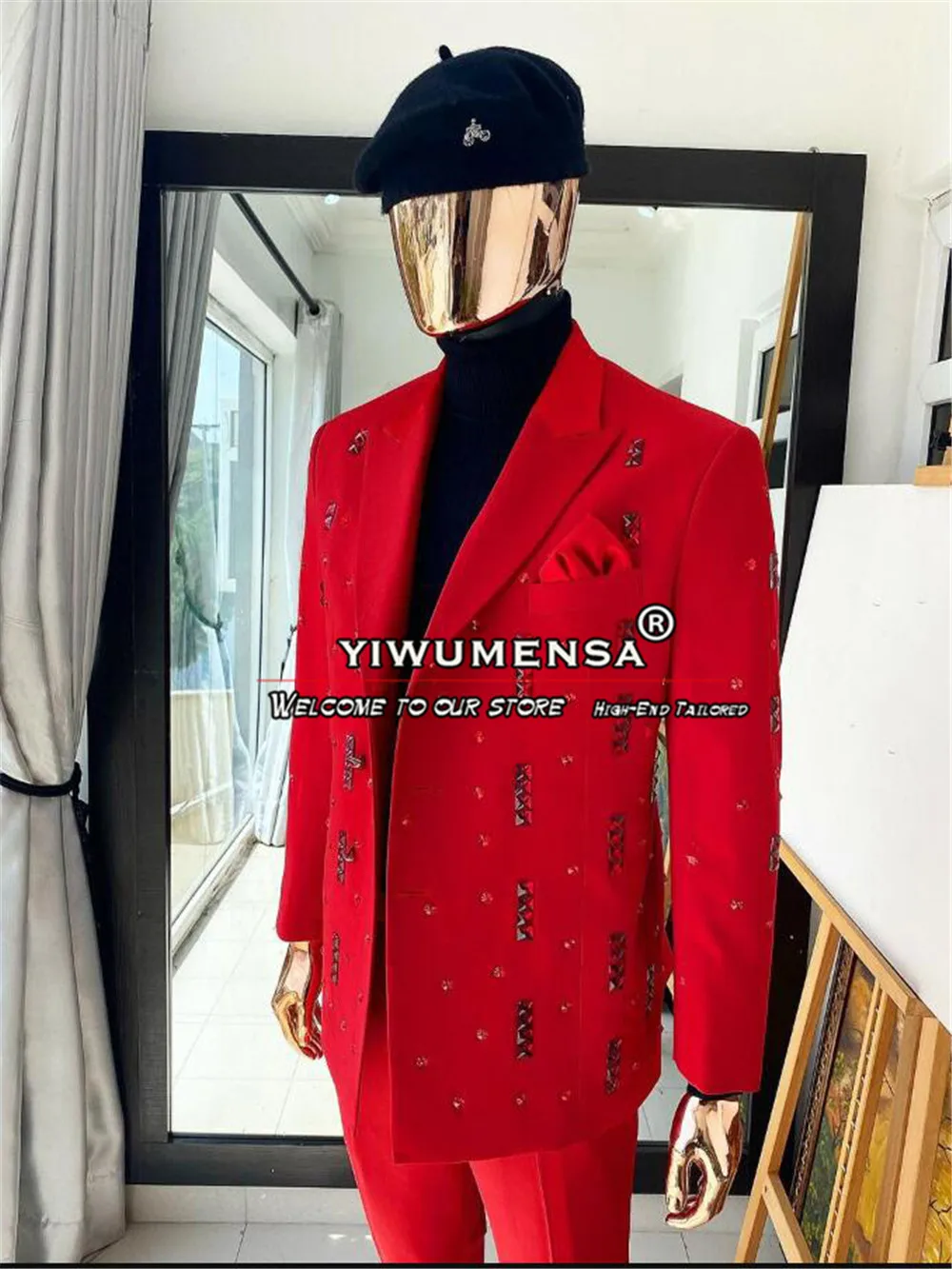 Customized Red Suits Men Beads Stone Formal Groom Wedding Tuxedos Bespoke Double Breasted Jacket Pants 2 Pieces Prom Party Dress