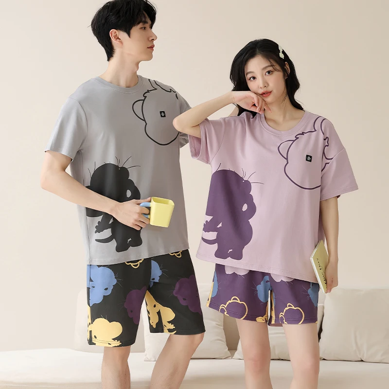 Korean Cotton Homewear for Women and Men Summer Short Sleeves Shorts Nightwear Couples Loungewear Cartoon Cute Rabbit Sleepwear