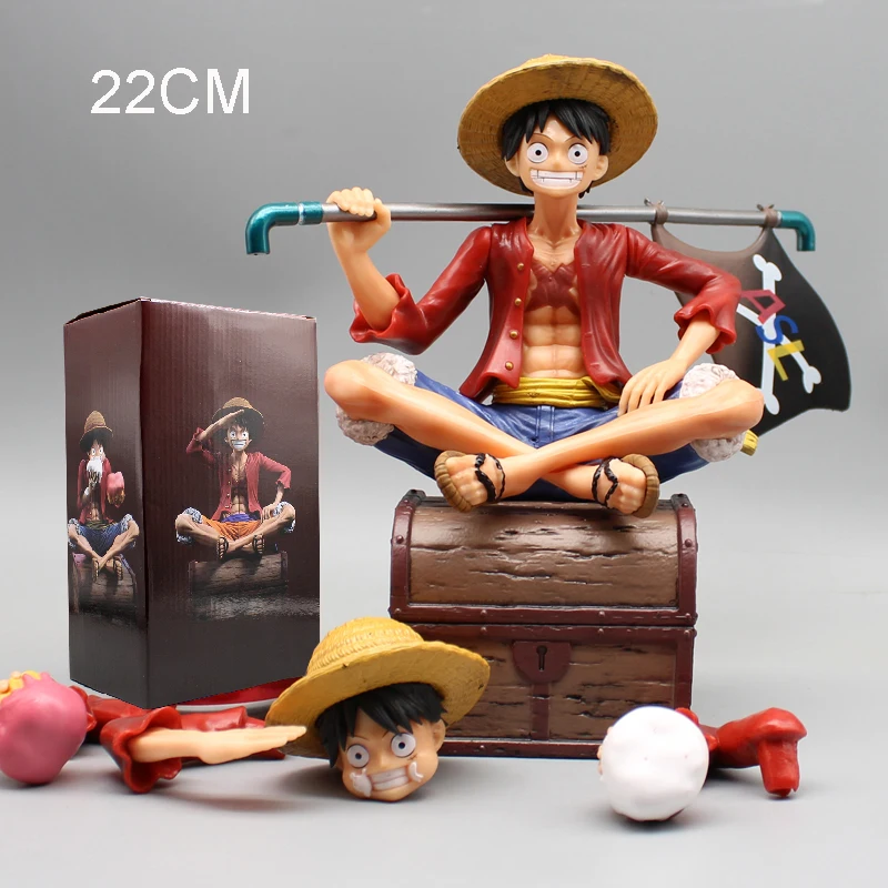 

22cm Smiley Luffy Statue Gk One Piece Action Figures Flagship Luffy Figure with Treasure Box Model Sitting PVC Ornament Toys