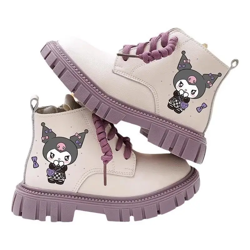 Sanrios Girl Cotton Boots Kuromi Child Autumn Winter Plus Velvet Cotton Boots Soft Bottom Kawaii Genuine Leather Single Boots