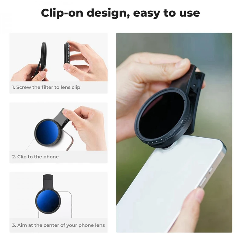 52mm Phone ND Filter ND2 to ND400 Clip-on Variable Neutral Density Filter for Phone Mobile Smart Phone Camera