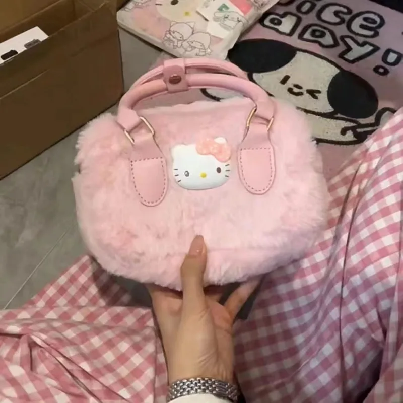 MBTI tas tangan Hello Kitty untuk wanita mode merah muda manis tas bahu Felt kasual serbaguna wanita untuk tren 2024