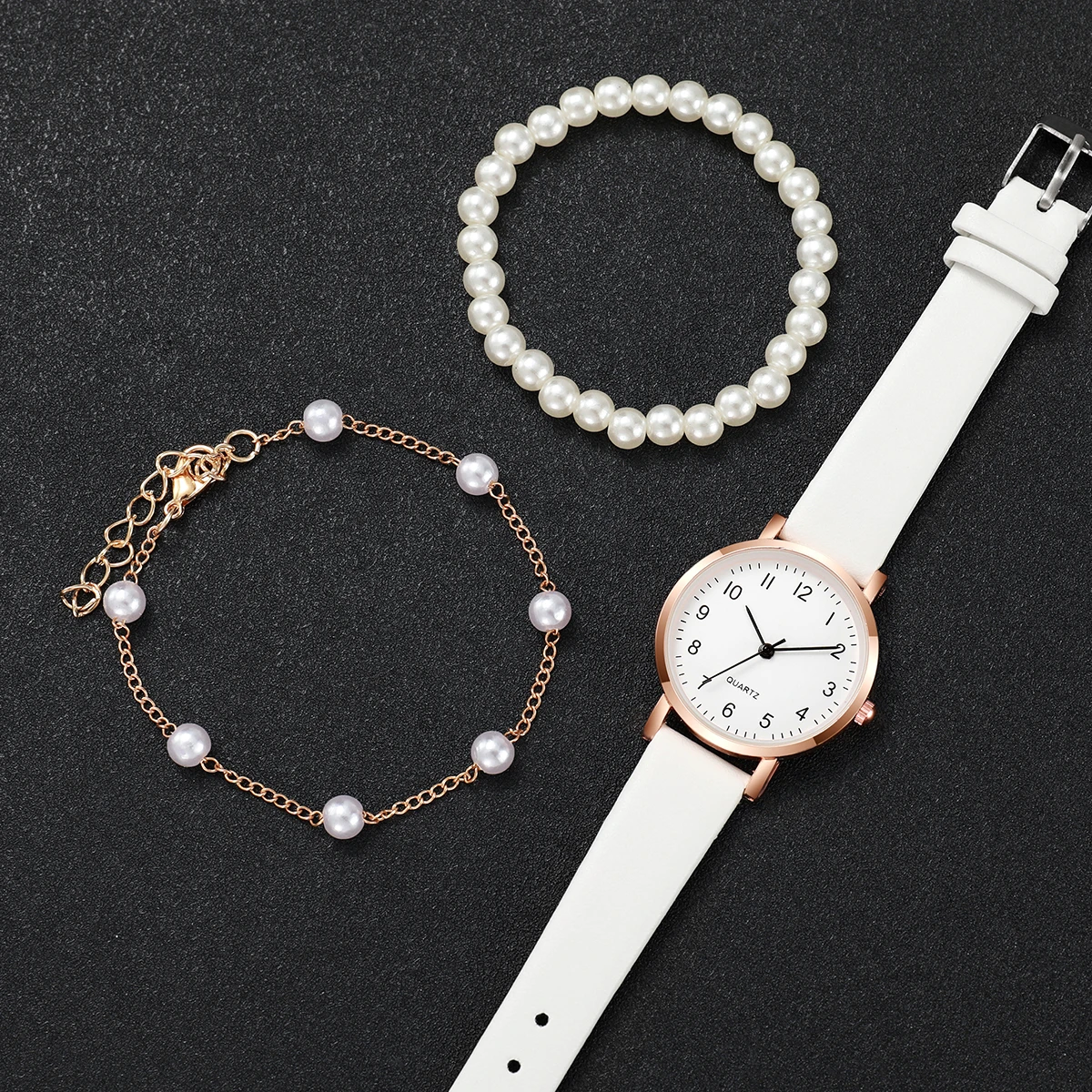 3pcs/set Fashion Women Leather Strap Quartz Watch and Pearl Bracelet Set