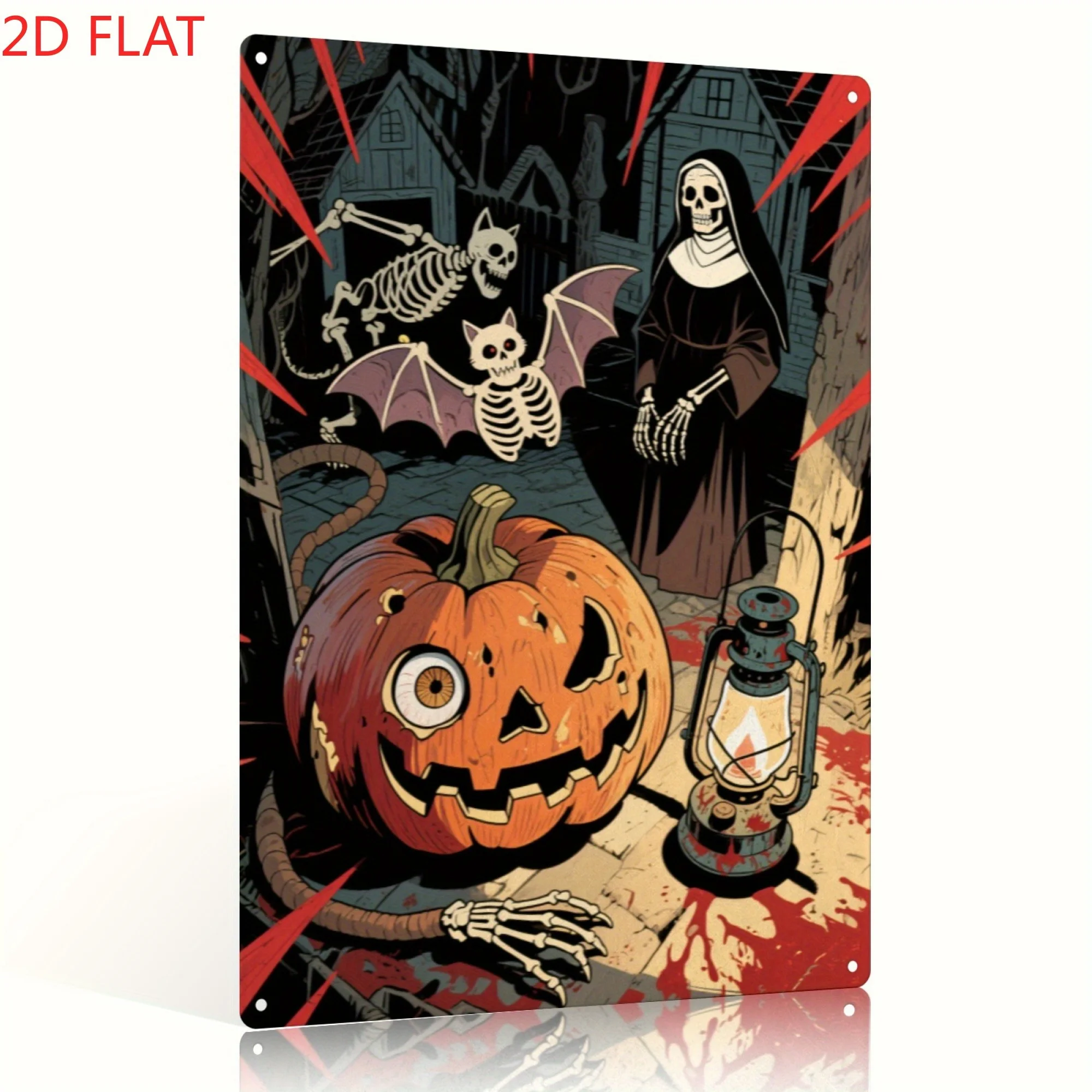 Halloween Metal Sign - Spooky Jack-O'-Lantern, Bats & Blood Design - Durable Iron Wall Decor for Living Room, Bar, Kitchen, Gar