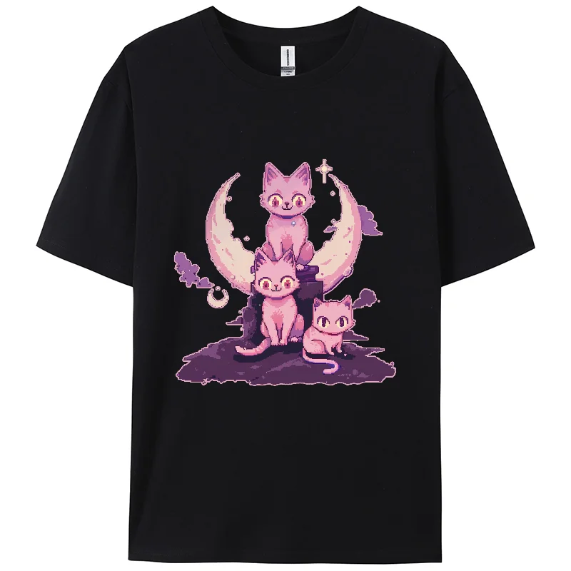 Pixel Cat Print ,Y2K T-shirt,Berserk Short T-shirt,Short sleeve,100% cotton, Double-sided,Women,Holiday wear,Foundation wear