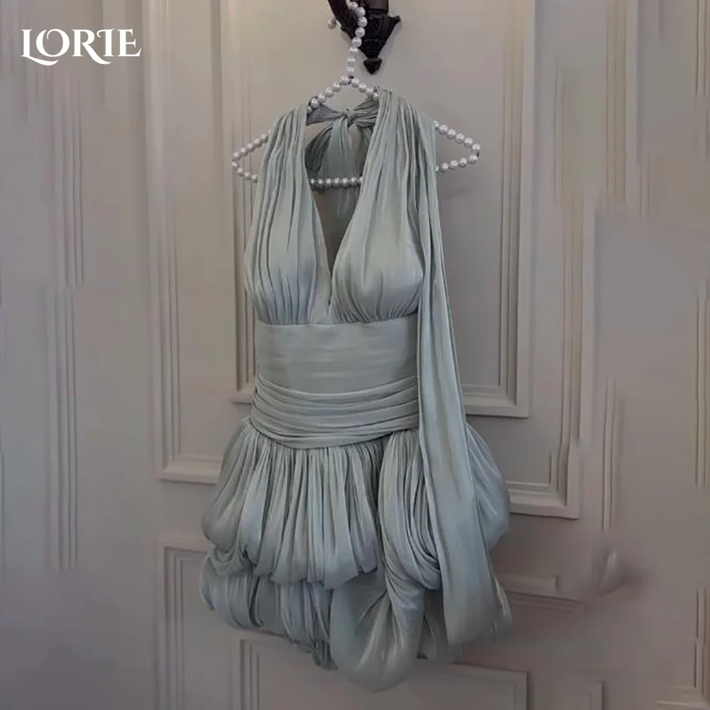 

LORIE Холтер Мини Коктейльные Вечерние Платья Сексуальные Плиссированные Блестящие Пыш Вечернее Платье Короткий Креп Саудовская Аравия Клубное Платье На Заказ