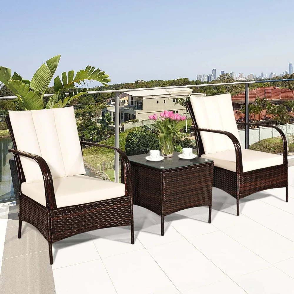 

3PCS Willow Dialogue Set, Outdoor Vine Sofa Set with Glass Top Coffee Table, PE Willow Furniture Set with Seating