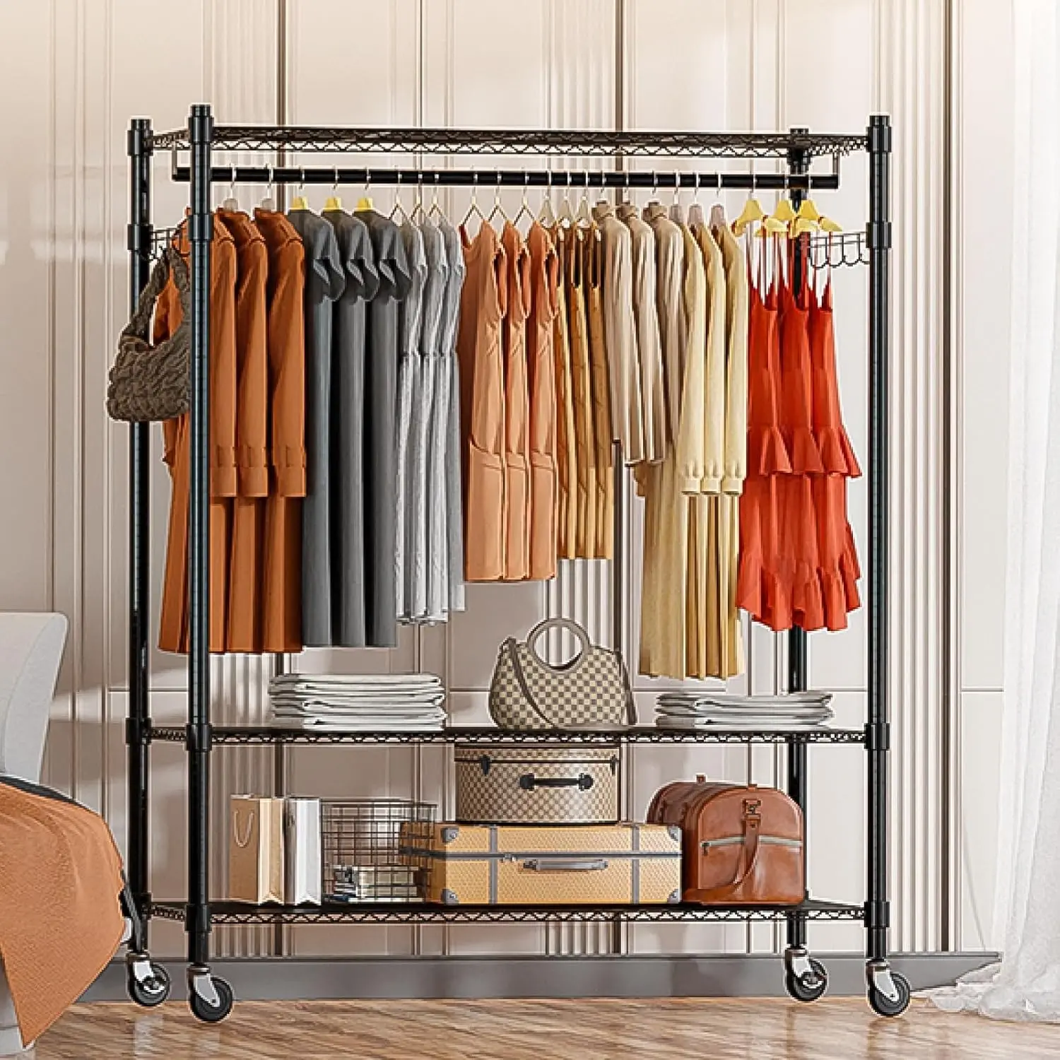 

3-х уровневая сверхпрочная проволочная полка большого размера, вешалка для одежды с вешалкой на колесах + 2 пары боковых крючков, черные