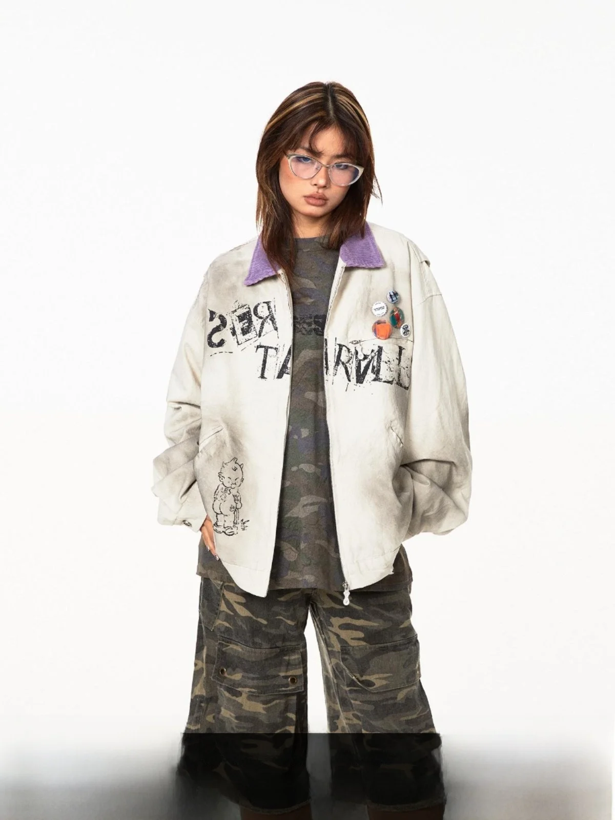 

Street Sle Loose Fit Men's Jaet Blabb Lav Purple fiti Print Waed Canvas Color Blo Workwear Coat Spring