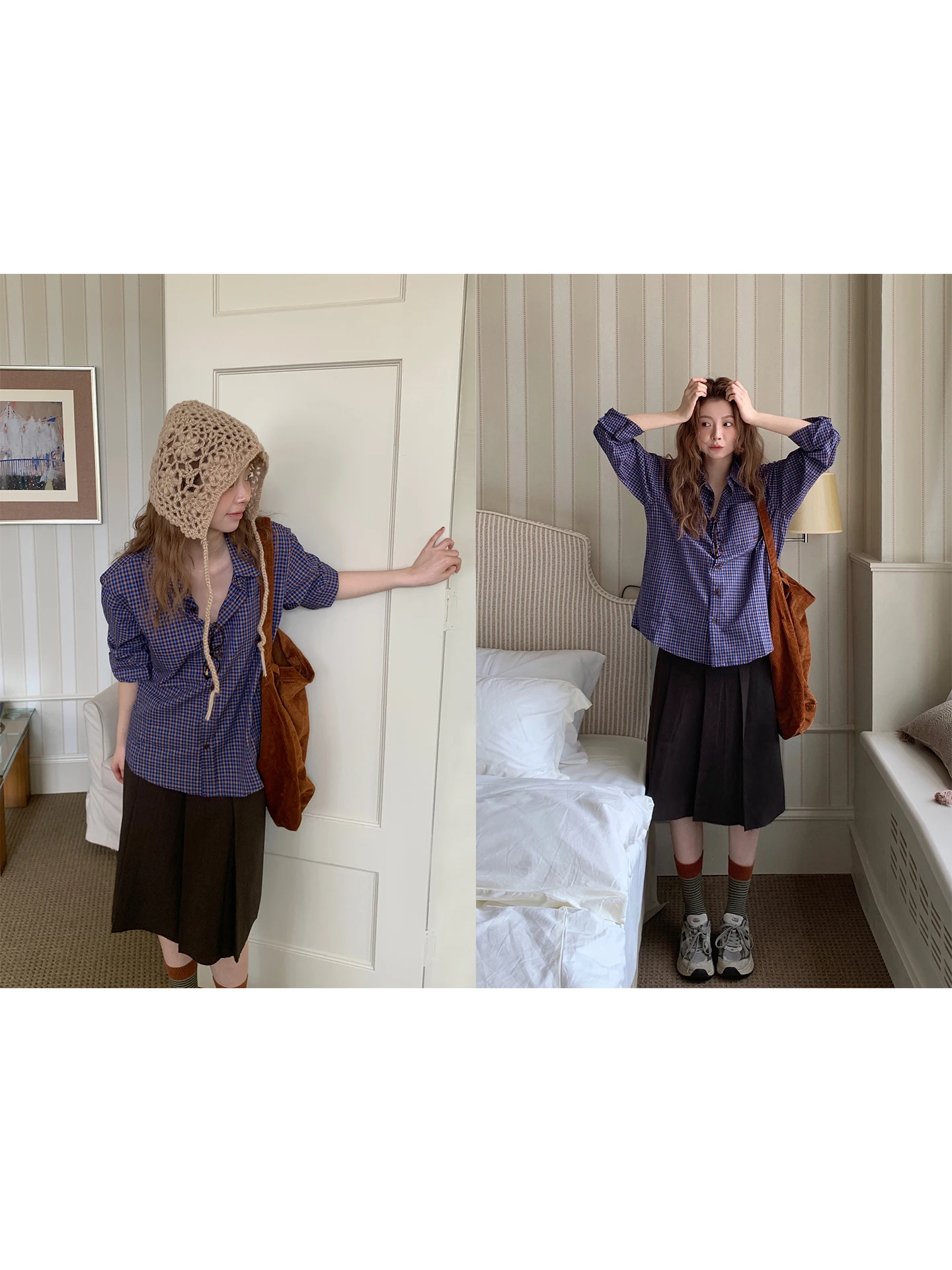 

Американская свободная рубашка-жакет в синюю клетку с длинными рукавами, модная женская повседневная дышащая куртка из хлопка и полиэстера.