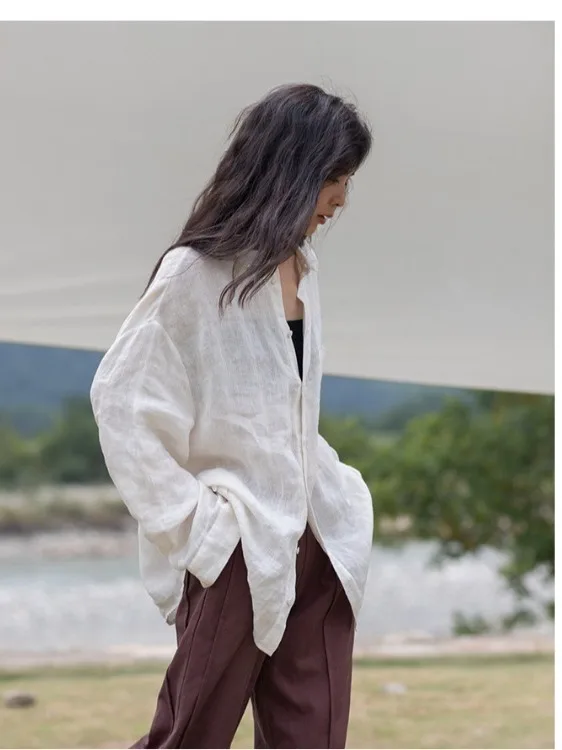 

Loose Linen irt Spring Lazy Sle Casual Basic Large Size Women's Long Sve Turn-down Collar Open Cardigan Comfortable Fit