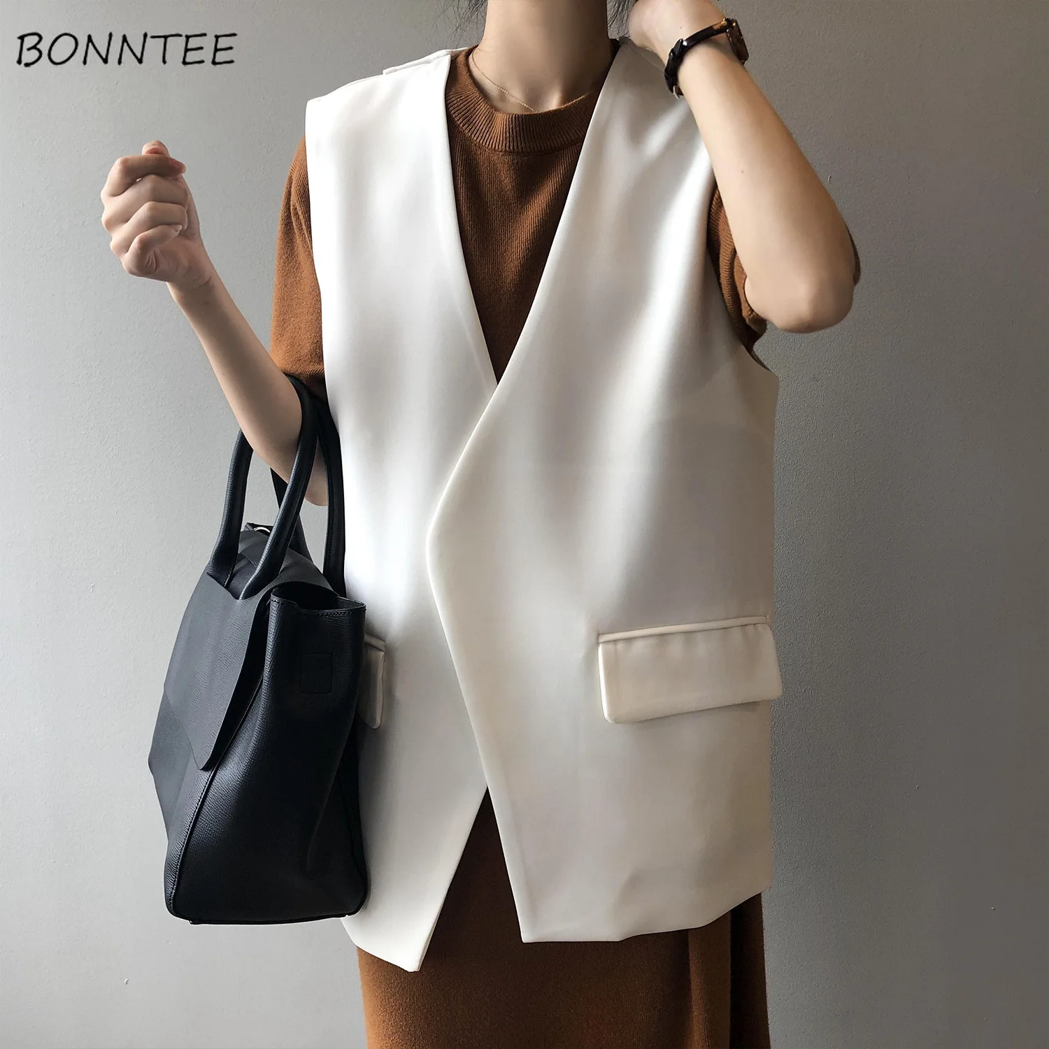 Vests Women Elegant Solid Fashion Breathable Spring Mujer Korean Version Baggy Office-look Daily Back-slit Design Retro Outwear