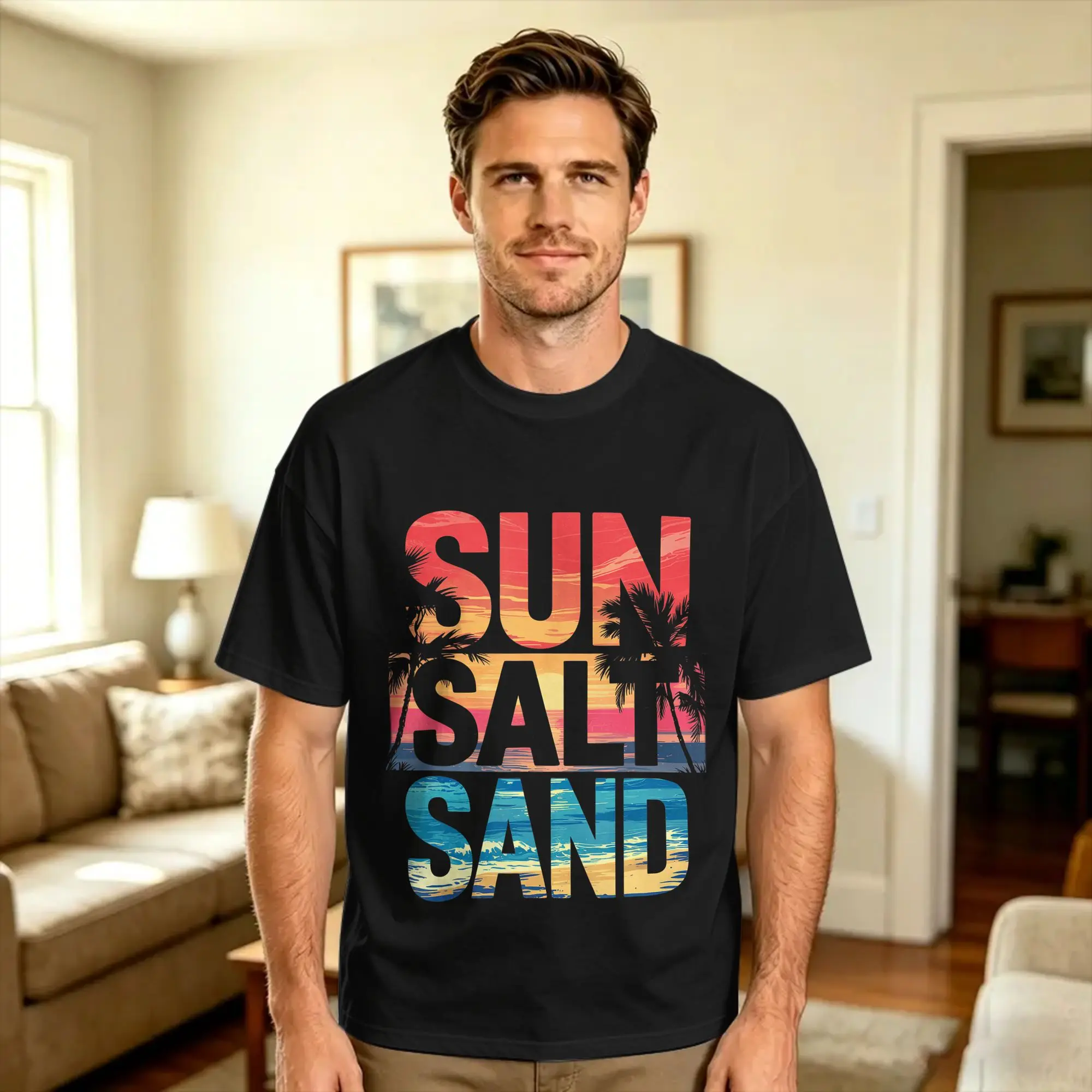 Sun Salt Sand beach vibes ocean palm trees beach lover  T-Shirt Summer  Y2K Fun T-Shirts 100% Cotton Fashion Tee Shirt For Men