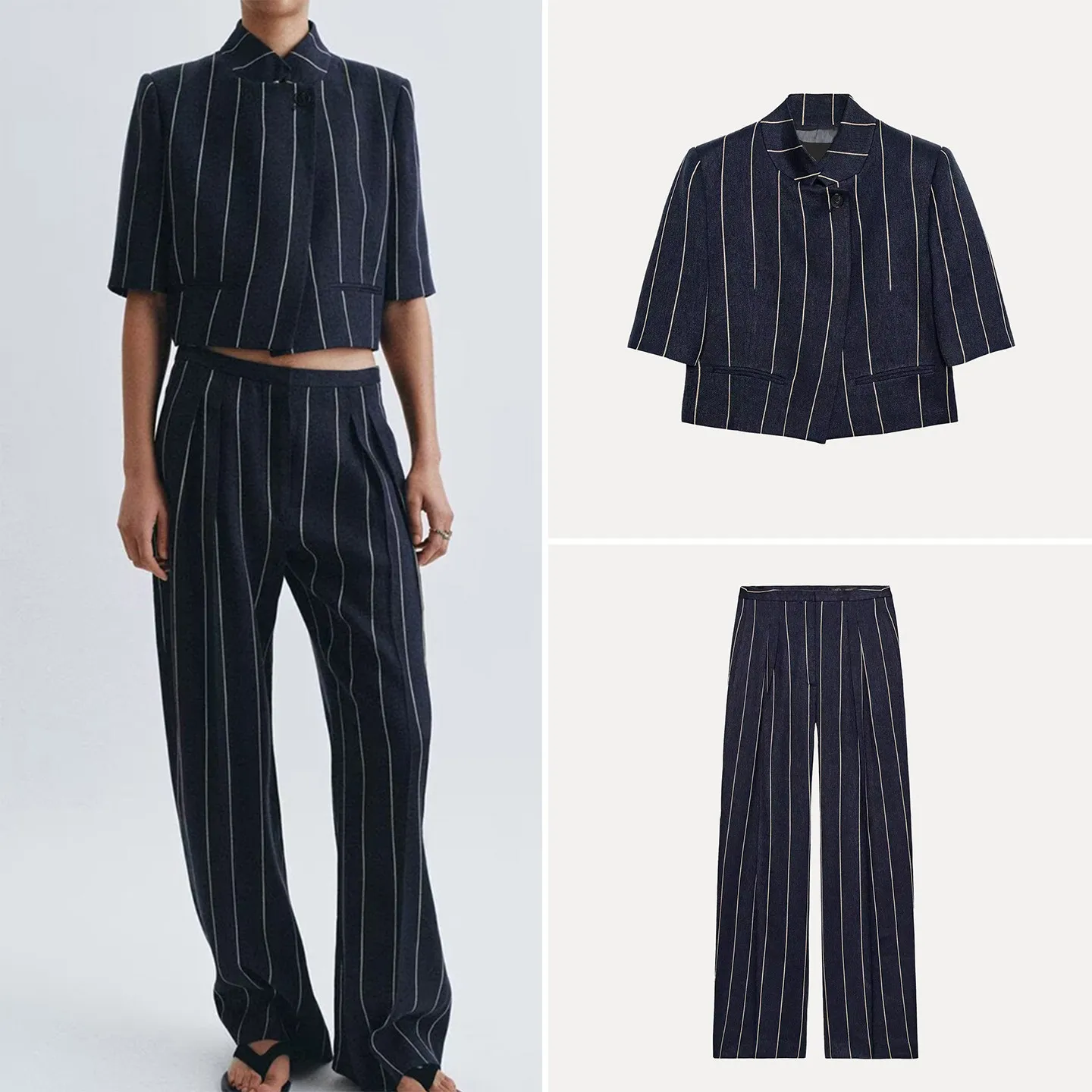 Fashionable Short Sleeve Striped Jacket And Casual Pants Two Piece Set for Women Spring Season mid Waist Long Pants