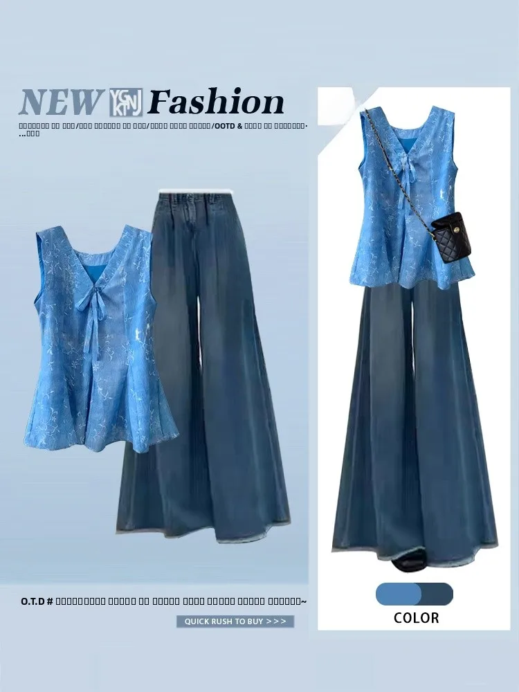 

Корейский дизайн: синий топ-халтер с вышивкой и поясом в сочетании с джинсами в американском ретро-стиле, комплект из двух предметов, женская мода