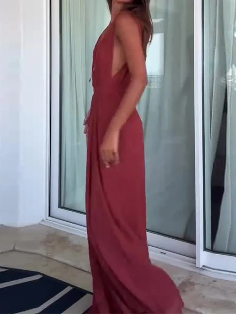 

Простой однотонный женский комбинезон со шнуровкой на талии, повседневный плиссированный дизайн, пляжные комбинезоны, летний свободный комбинезон без рукавов с глубоким V-образным вырезом