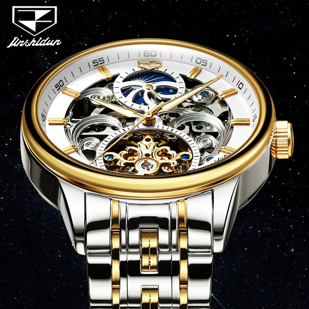 JSDUN Moon Phase orologio meccanico completamente automatico scava fuori il Design orologi da uomo di marca originale di moda cinturino in pelle