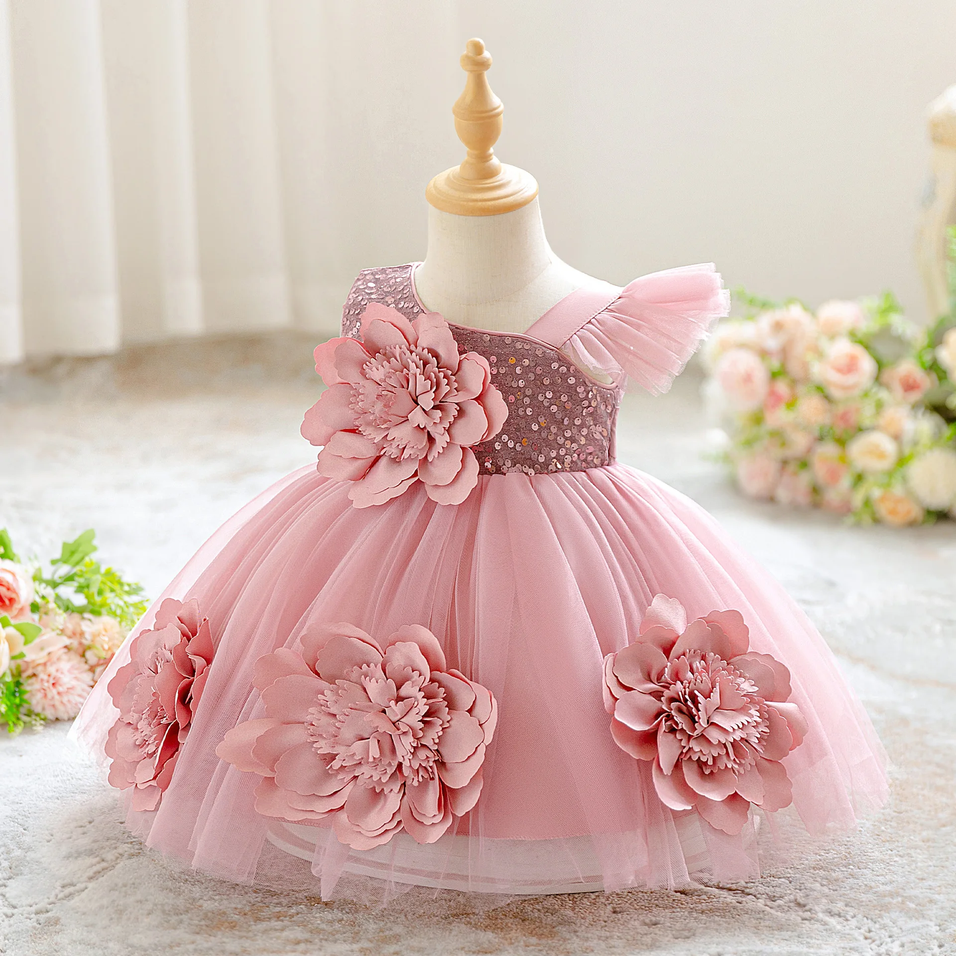 New One-year-old Baby Dress Infant Girl Three-dimensional Flowers Mesh Princess Dress Children Pink Big Bow Baptism Dress ASQ03