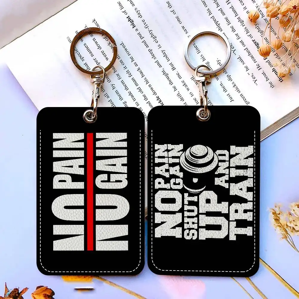 

No Pain No Gain Keychain With Access Card Holder, Bus Pass & Meal Card ID Bank Card Protective Case For Security