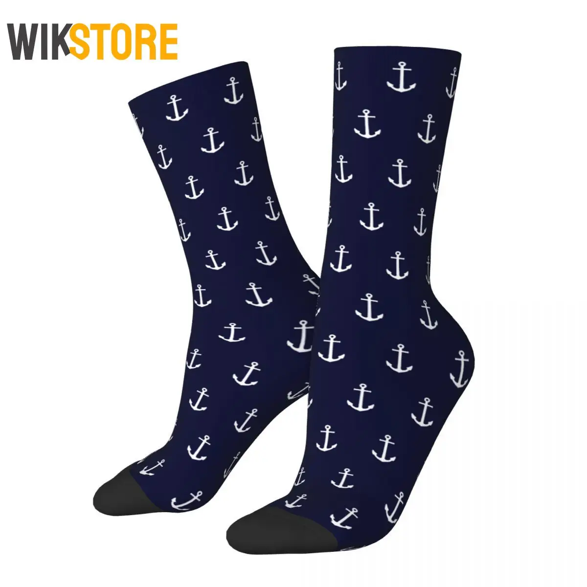 Autumn Winter Crazy Design Unisex White Anchor On Navy Blue Socks Sweat Absorbing Soccer Socks Breathable Cute Sock