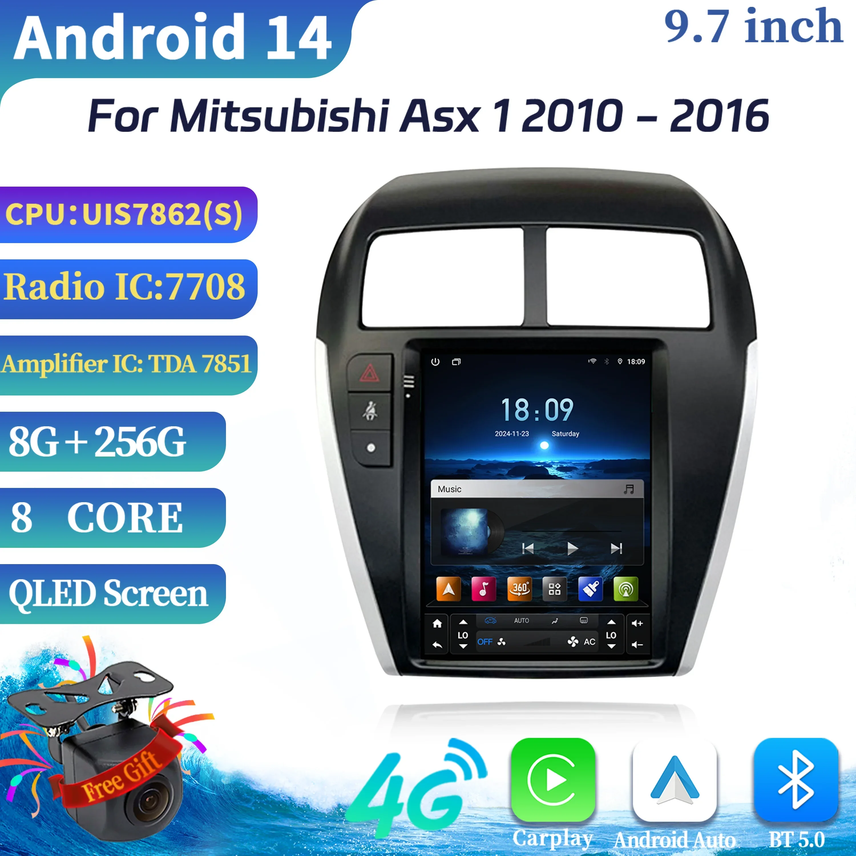 9.7inch Android 14 For Mitsubishi Asx 1 2010-2016 Car Radio Wireless Bluetooth Apple Carplay Multimedia Touch Head Unit Screen