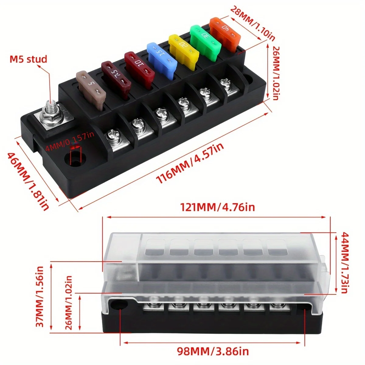 12V Fuse Box Kit With LED Indicator - 4/6-Way Blade Fuses, ATO Compatible, Cover For Cars, Boats, RVs & Trucks.